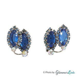 VTG Aurora Borealis Blue Rhinestone Ear Climber Silver Tone Clip On Earrings